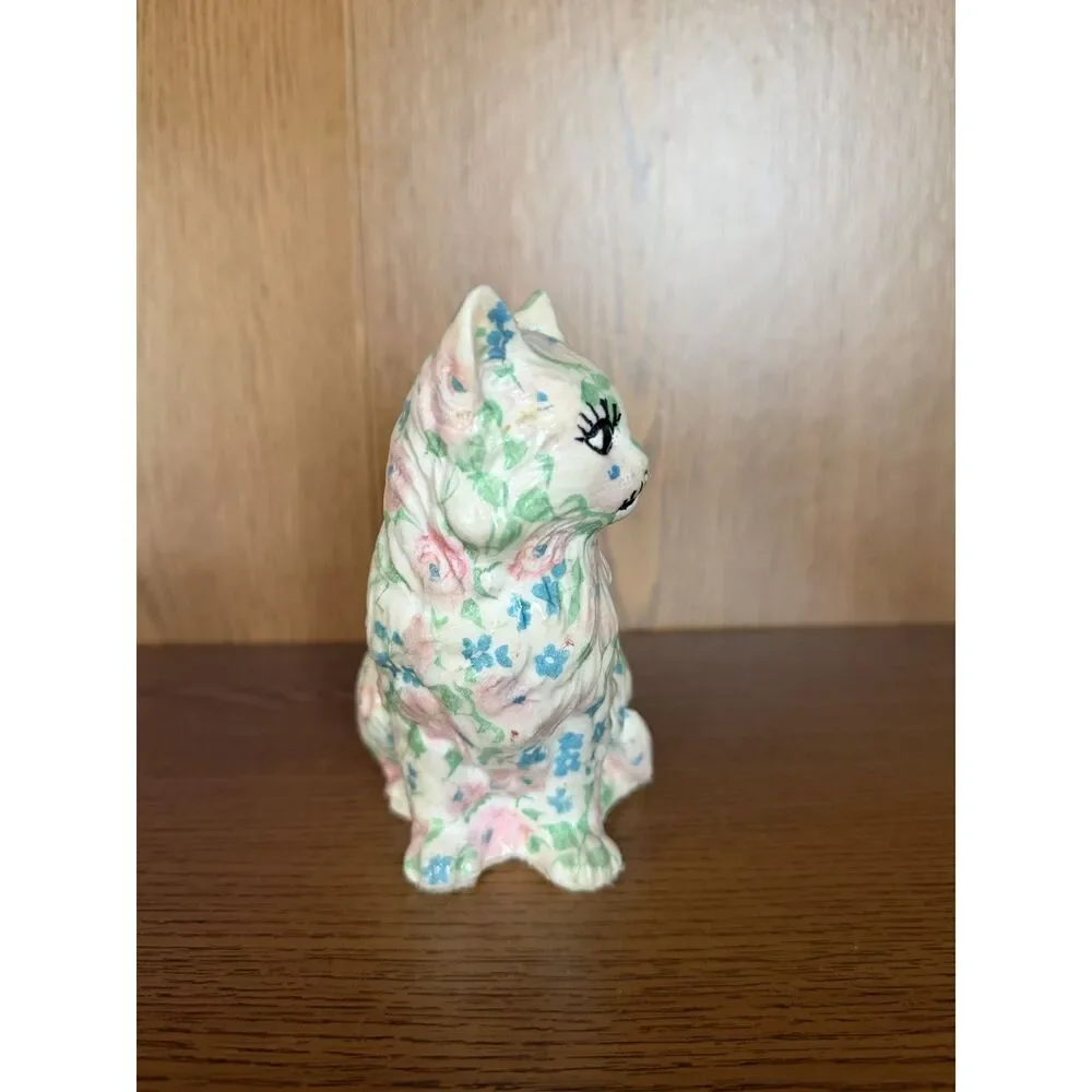 Vintage Floral Chintz Ceramic Cat Figurine Retro Kitsch Calico Kitty